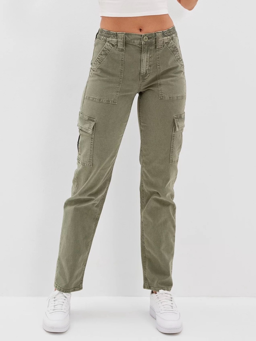 American Eagle High Waisted Stretch Cargo Straight Pant Olive Colour Wash Size 2